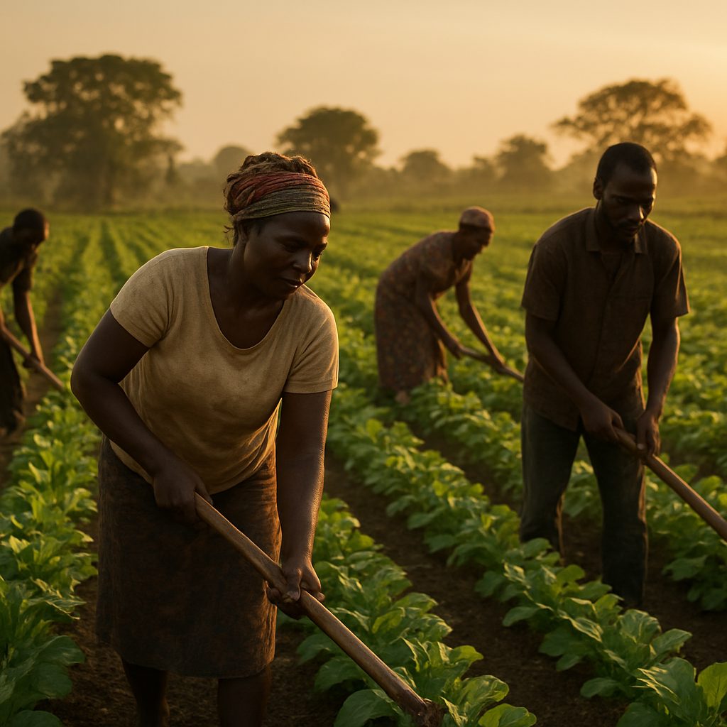 Food For Life : des agriculteurs dans un champ au lever du soleil